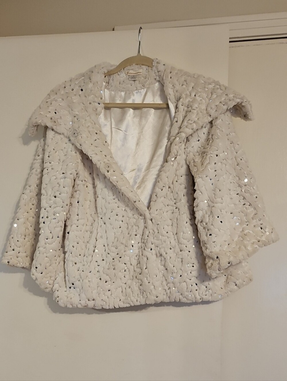 Sequin Embellished Faux Fur Jacket - Cream